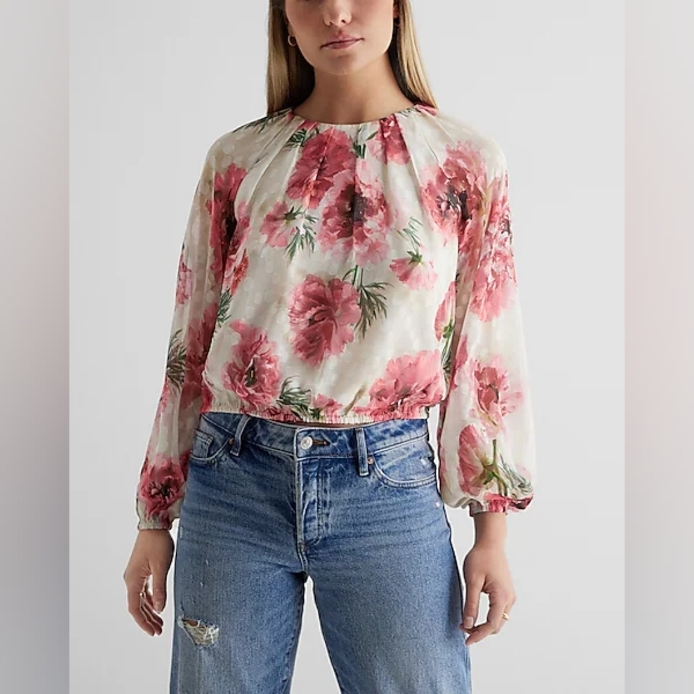Express Floral Gathered Neck Balloon Sleeve Top
